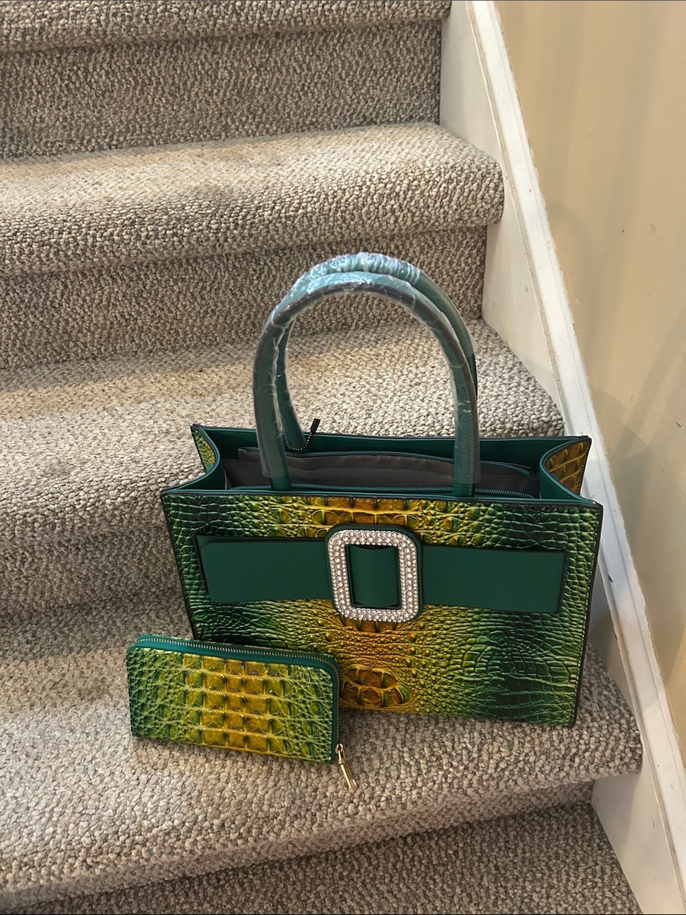 Green Croc-Embossed Tote with Matching Wallet - Elegant Rhinestone Buckle